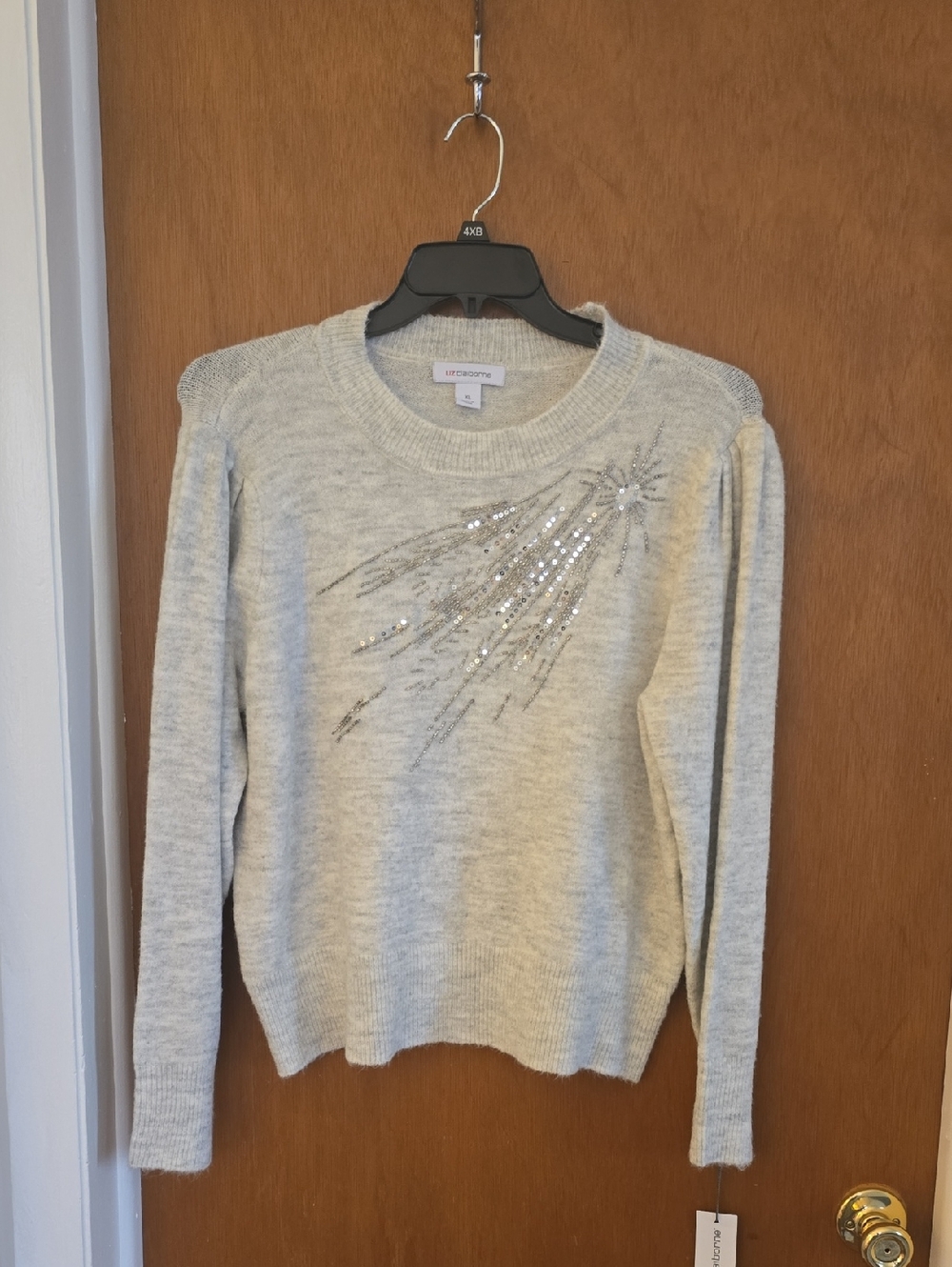 Liz Claiborne Light Gray Sweater with Silver Sequin Burst
